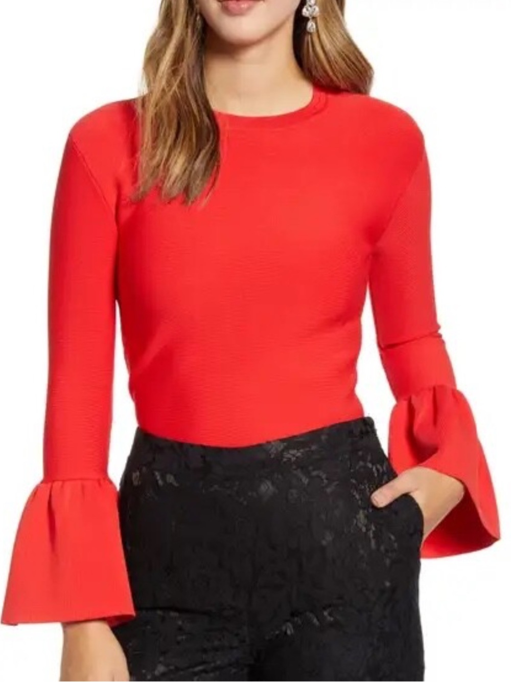 Rachel Parcell Deep Coral Crewneck Knit Top with Bell Sleeve XS